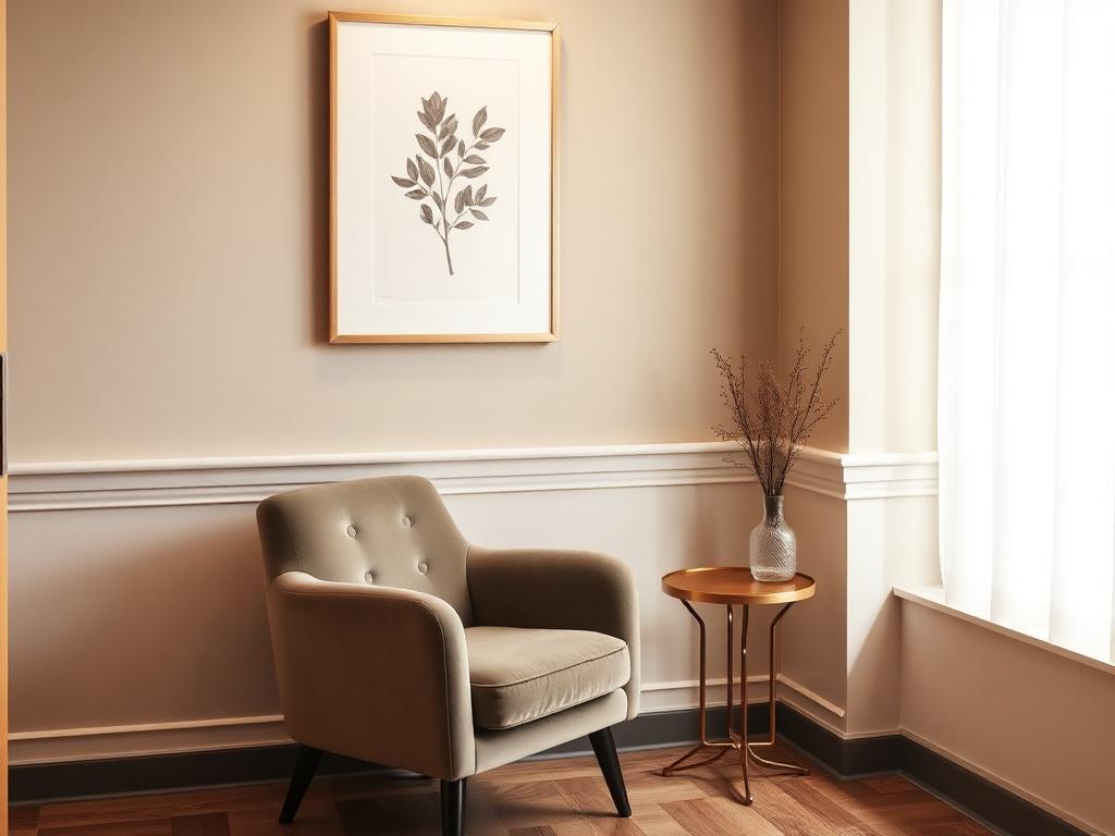 A quiet consultation corner with a velvet armchair, brass side table, and soft natural light.
