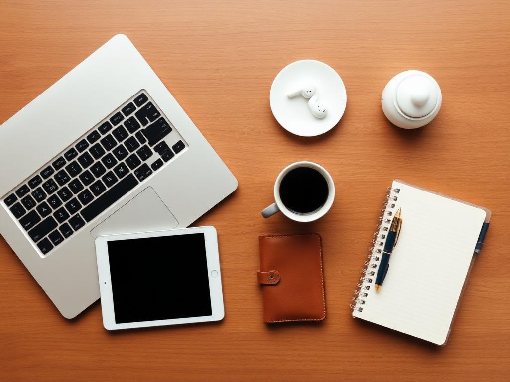 A slim laptop, tablet, leather notebook, and brass pen arranged on a warm walnut desk.