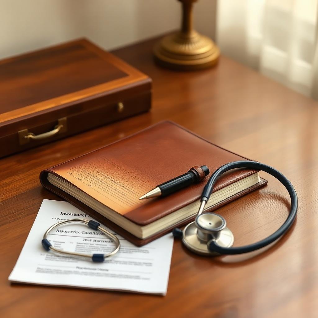 A leather ledger, fountain pen, and stethoscope resting on a walnut desk beside insurance paperwork.