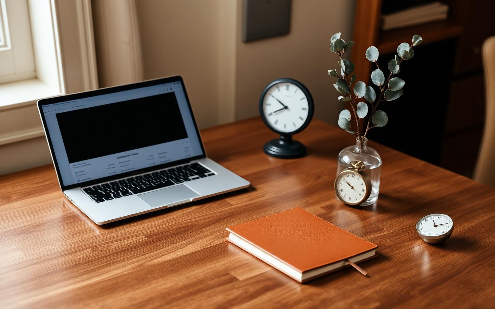 A tidy walnut desk with a laptop, leather notebook, and a small clock in warm morning light.