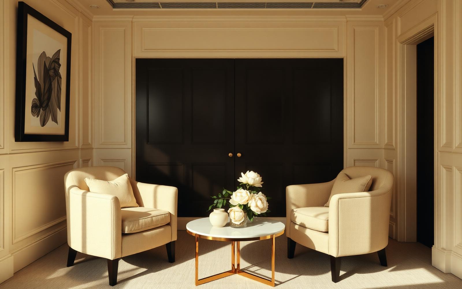 A refined consultation room with two upholstered chairs and fresh peonies on a marble table.