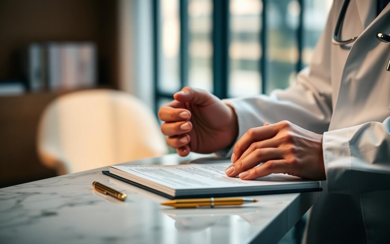 A physician reviewing a leather-bound patient welcome portfolio at a marble desk.